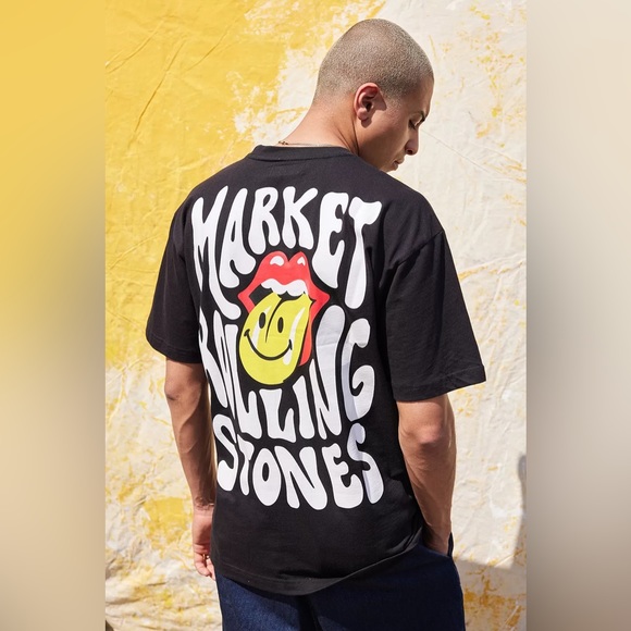 SOLD OIT NWT Unisex Market X Smiley X The Rolling Stones Black T-Shirt XL - Picture 3 of 12